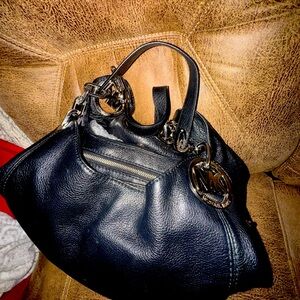 Michael Kors Black Leather w Silver Hardware Shoulder Bag Purse